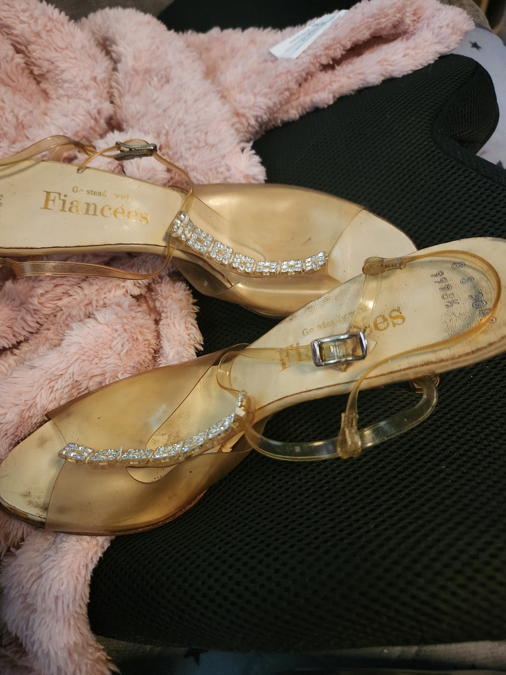 Gold Clear T-Strap Sandals with Rhinestone Detail